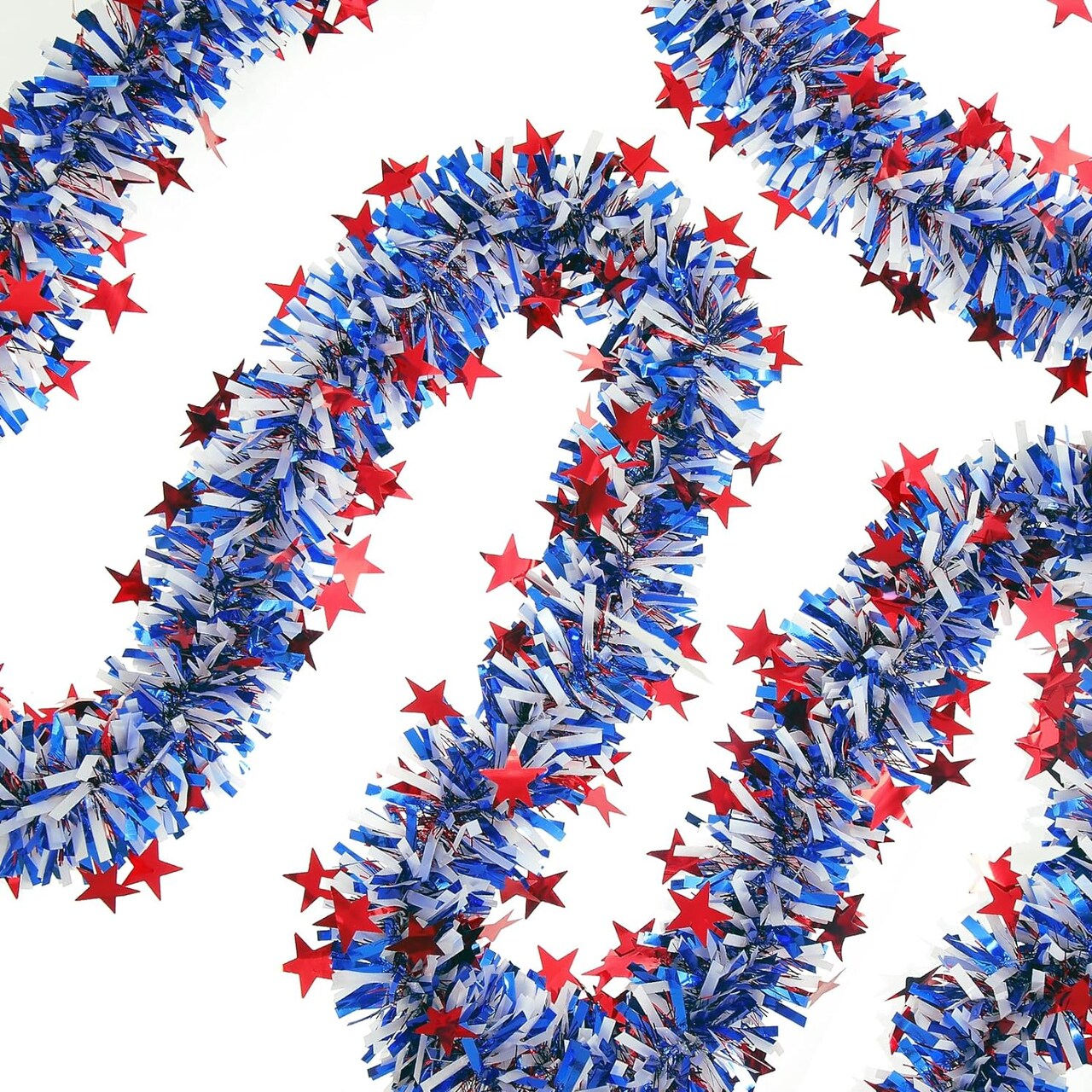 33FT 4th of July Patriotic Tinsel Garland Red White Blue Metallic Twist Foil Tinsel Garland